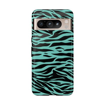 Back of a sleek phone case with bold turquoise and black zebra stripes featuring a green wild tiger print pattern