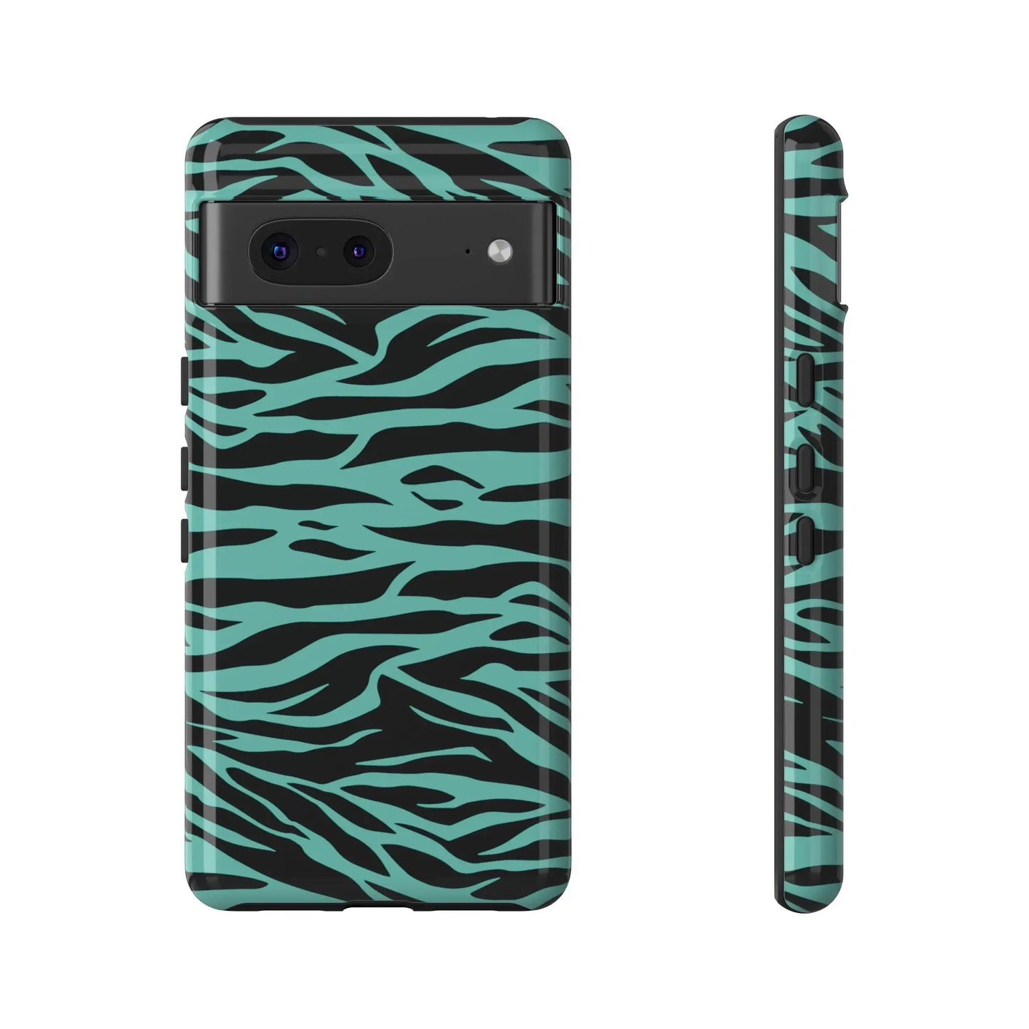 Back side of a sleek phone case with bold black and teal wild tiger print pattern for iPhone Galaxy S and Pixel phones