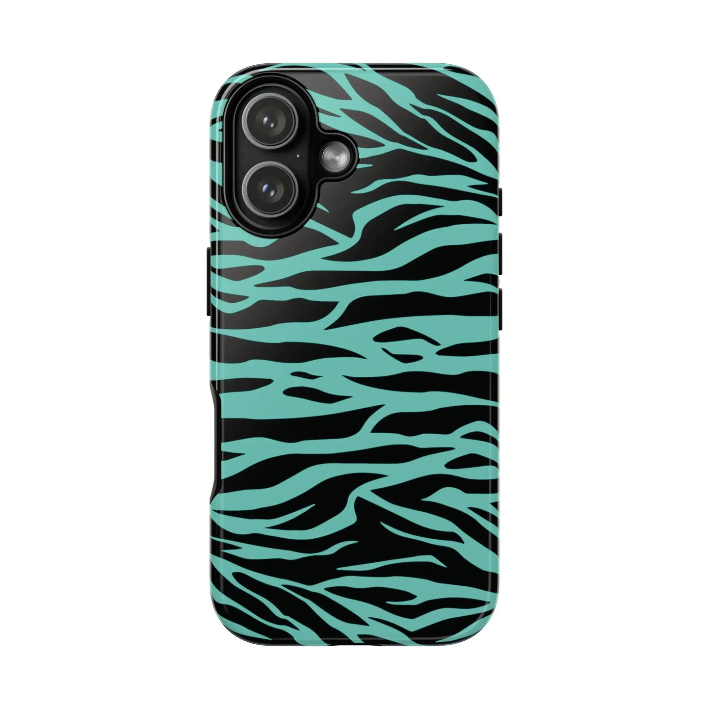 Back side of a sleek phone case with bold black and teal wild tiger print pattern for iphone galaxy pixel phones