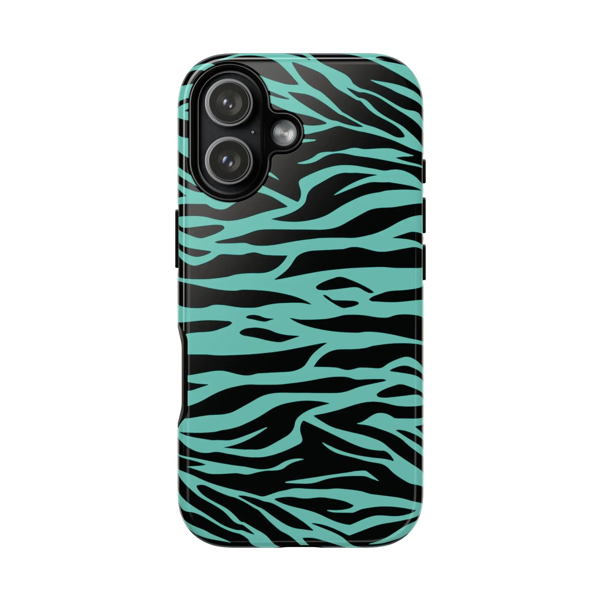 Back side of a sleek phone case with bold black and teal wild tiger print pattern for iphone galaxy pixel phones