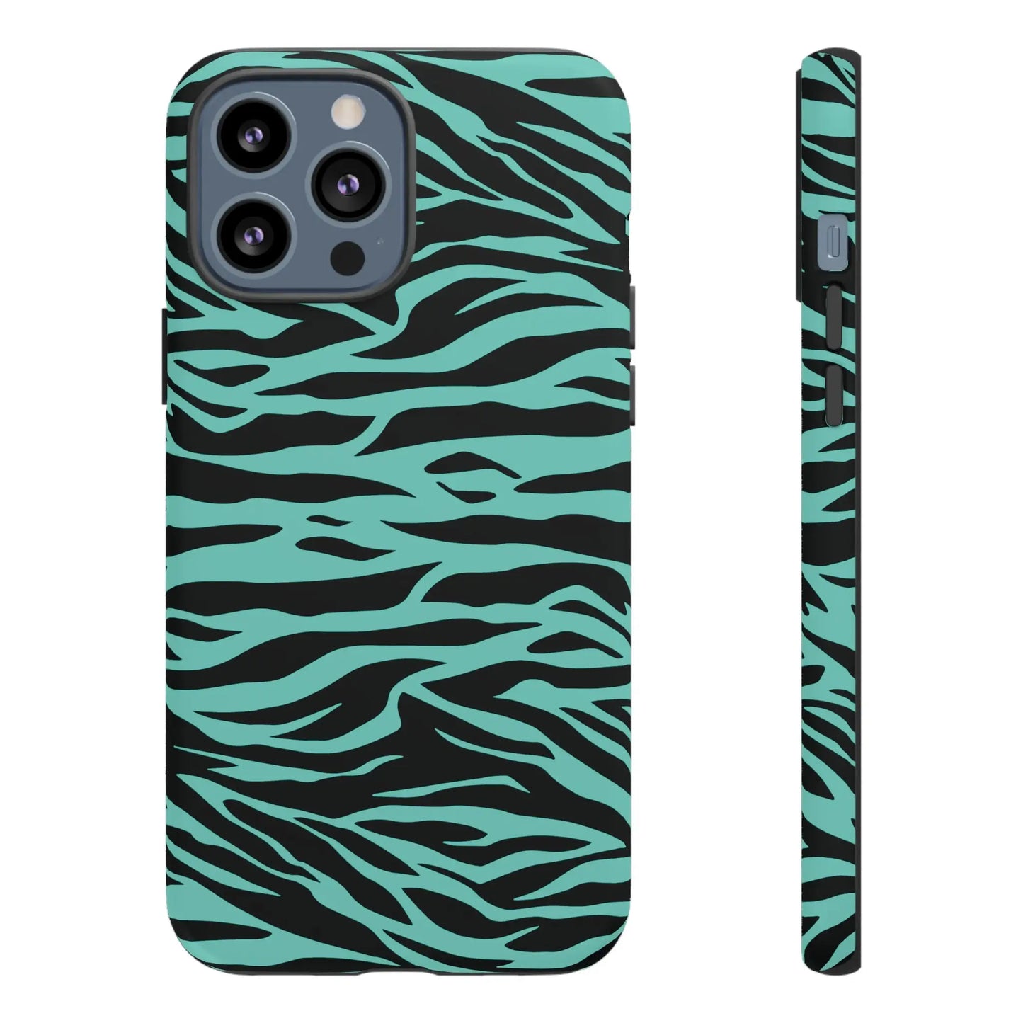 Back of a sleek phone case with bold turquoise and black zebra stripe wild tiger print pattern for iPhone triple camera