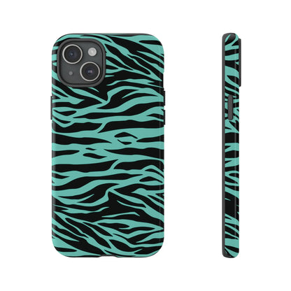 Back view of a teal and black zebra-print phone case featuring a green wild tiger print pattern for iphone and galaxy s models