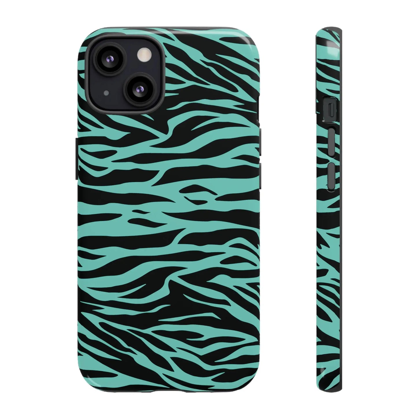 Back side of a sleek phone case for iphone 13 with bold black and teal wild tiger print pattern and precise camera cutout