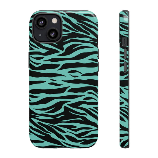 Back side of a sleek phone case for iphone 13 with bold black and teal wild tiger print pattern and precise camera cutout