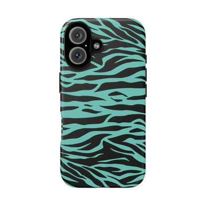 Back side of a sleek phone case with a bold turquoise and black wild tiger print pattern for iphone galaxy and pixel phones