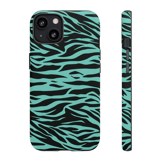 Back side of a sleek turquoise and black zebra-striped phone case with wild tiger print pattern for iphone 13 models