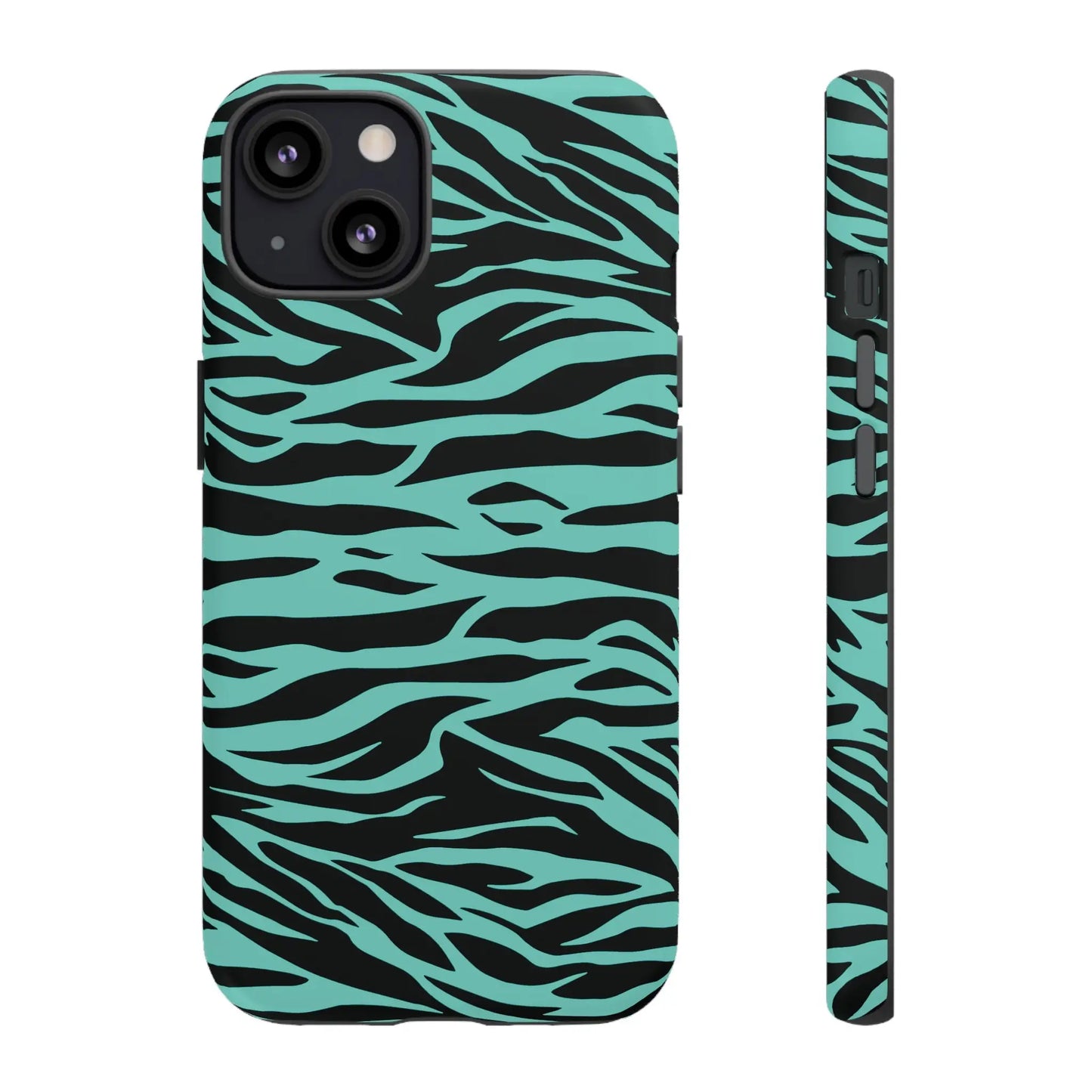 Back side of a sleek turquoise and black zebra-striped phone case with wild tiger print pattern for iphone 13 models