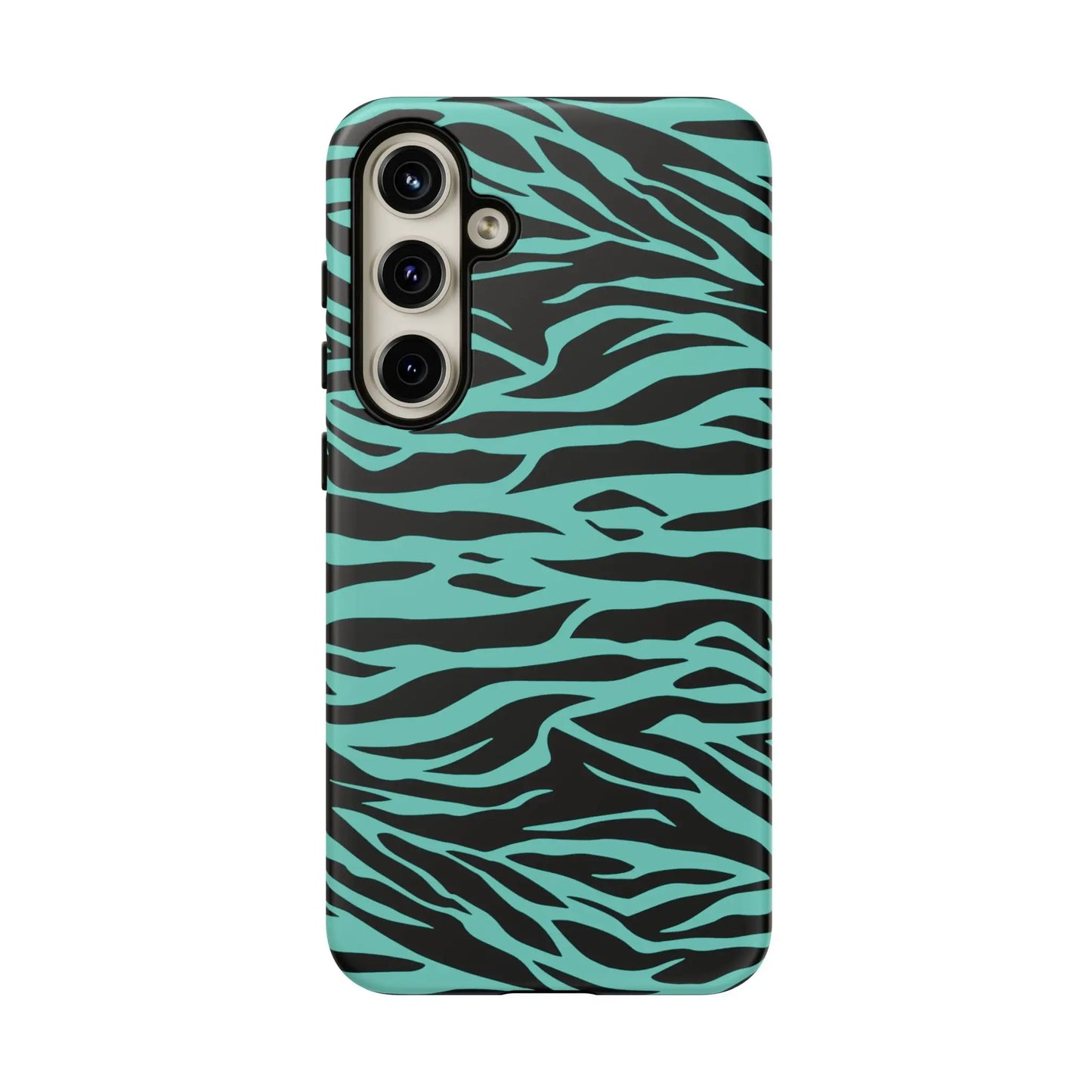 Vibrant teal and black zebra-striped phone case for samsung galaxy s23 with a wild tiger print pattern design