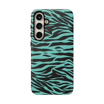 Vibrant teal and black zebra-striped phone case for samsung galaxy s23 with a wild tiger print pattern design