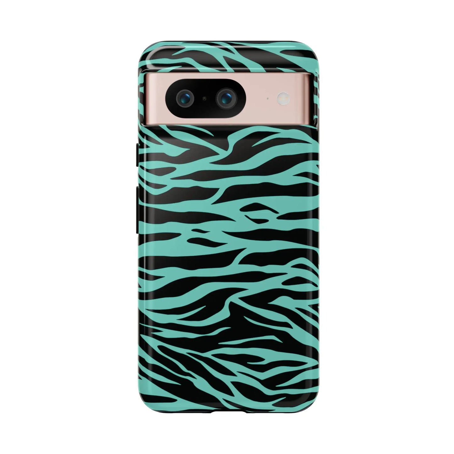 Back of a sleek phone case with bold black and teal zebra stripes featuring a wild tiger print pattern for iPhone Galaxy and Pixel phones