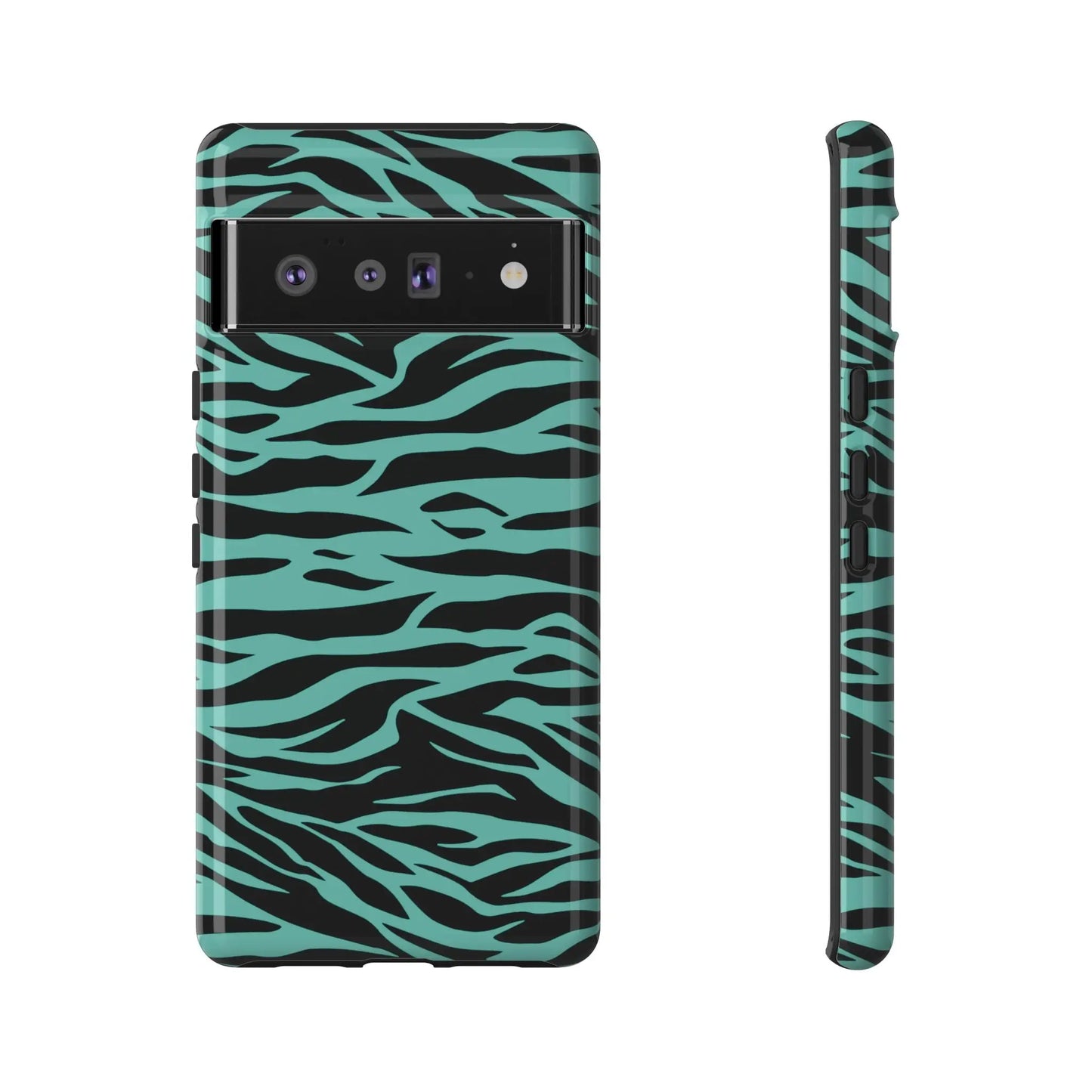 Back of a teal and black zebra-print phone case for google pixel 6 pro featuring a wild tiger print pattern design