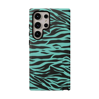 Sleek phone case for samsung galaxy s21 ultra with bold turquoise and black wild tiger print pattern on back