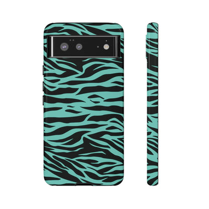 Back side of a teal and black zebra-print phone case with a sleek protective design featuring a wild tiger print pattern
