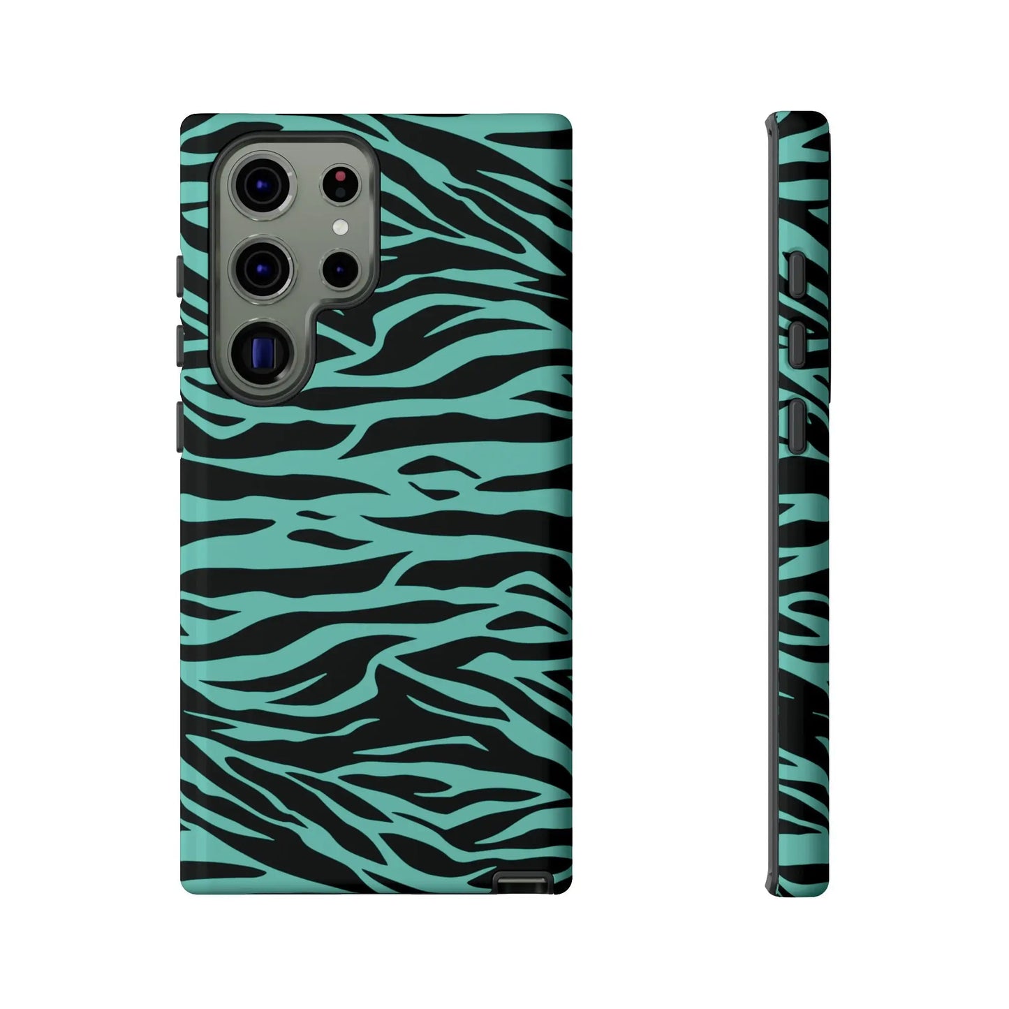 Teal and black zebra-print phone case with sleek protective design showcasing wild tiger print pattern on the back side