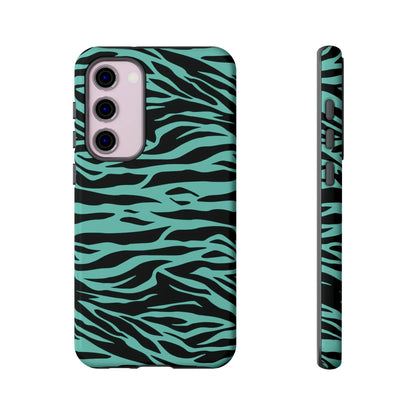Back side of a teal and black zebra-striped phone case with a sleek protective design featuring a green wild tiger print pattern
