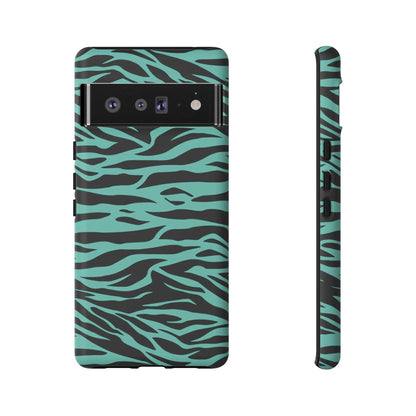 Back side of a teal and black zebra print phone case featuring a green wild tiger print pattern for iphone and galaxy phones