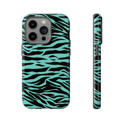 Back of a sleek phone case with a bold black and mint green wild tiger print pattern for iphone triple camera