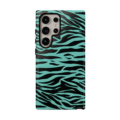Back of a sleek turquoise and black zebra-striped phone case for samsung galaxy s21 ultra with wild tiger print pattern
