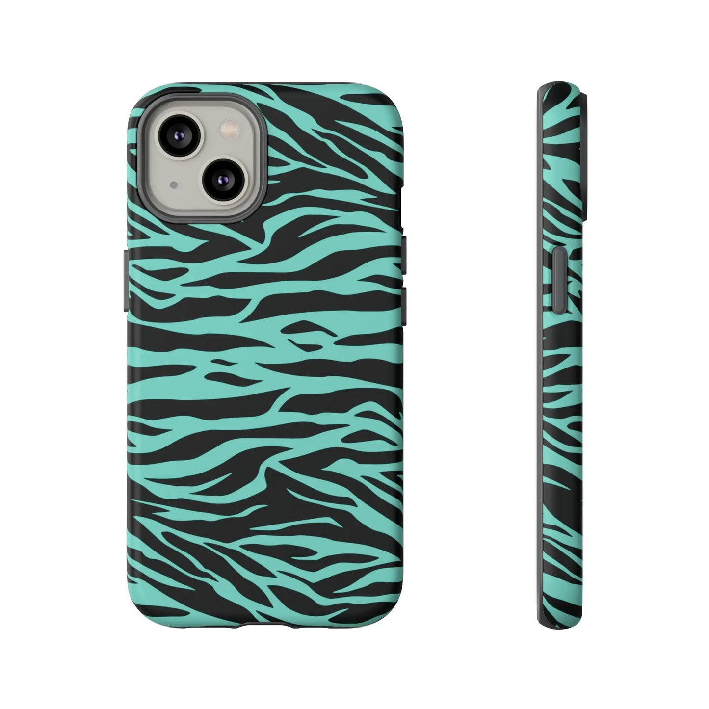 Back side of a sleek turquoise and black zebra-striped phone case with a modern green wild tiger print pattern design