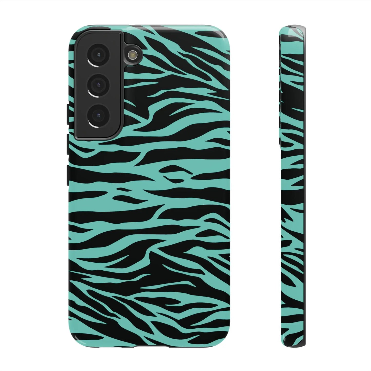 Back of teal and black zebra-print phone case with wild tiger print pattern for samsung galaxy s21 and pixel phones