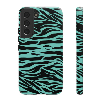 Back of teal and black zebra-print phone case with wild tiger print pattern for samsung galaxy s21 and pixel phones