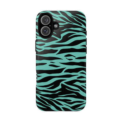 Back side of a sleek phone case with bold turquoise and black wild tiger print pattern for iphone galaxy and pixel phones