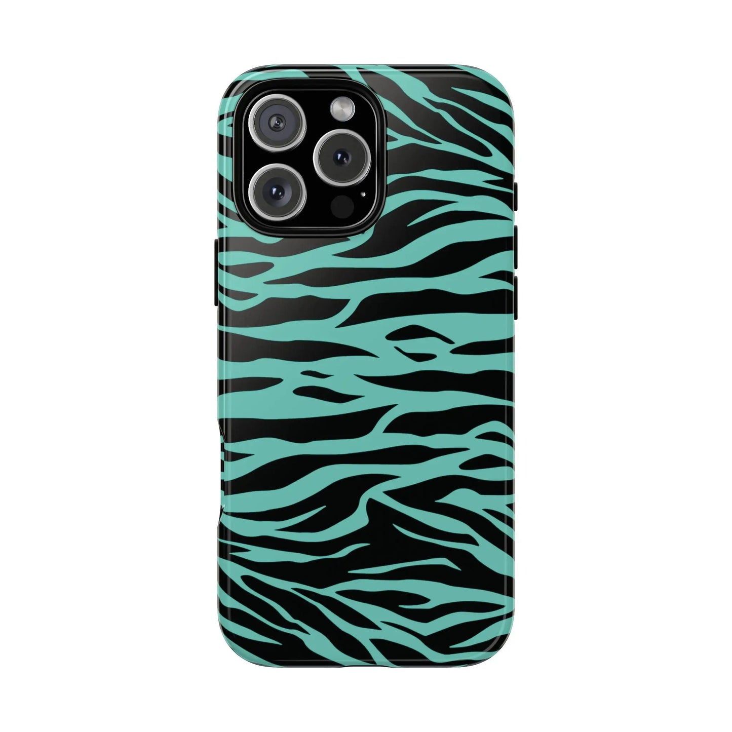 A sleek phone case with bold black and teal wild tiger print pattern designed for iphone triple-camera models
