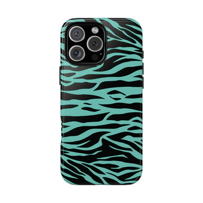 A sleek phone case with bold black and teal wild tiger print pattern designed for iphone triple-camera models