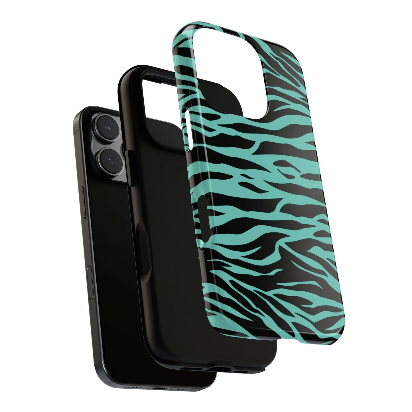 A sleek black phone case with vibrant teal wild tiger print pattern for iphone 12 and similar models back side view