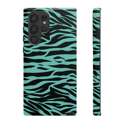 A sleek phone case for samsung galaxy s23 ultra with bold black and teal tiger print pattern on the back side