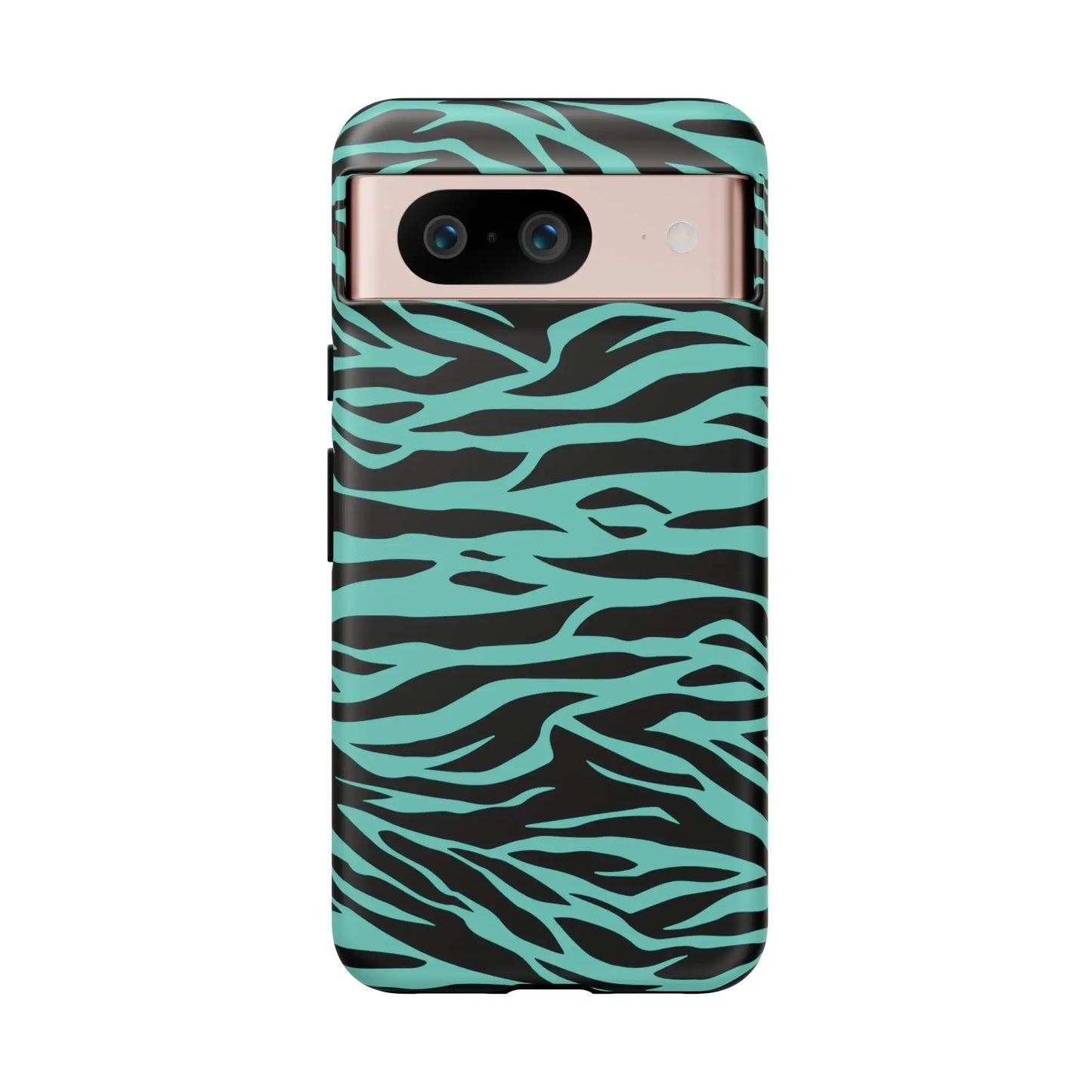 Back side of a sleek phone case with bold turquoise and black wild tiger print pattern for iphone galaxy and pixel phones
