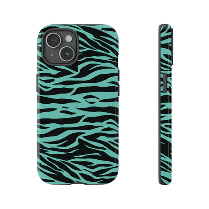 Sleek phone case showing back with bold turquoise and black wild tiger print pattern for iphone galaxy s and pixel phones