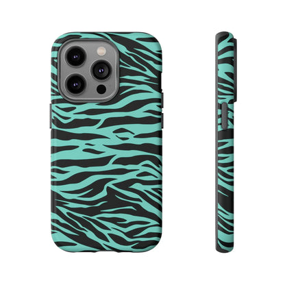Back side of a sleek turquoise and black zebra-print matte phone case for iphone 13 pro with wild tiger print pattern