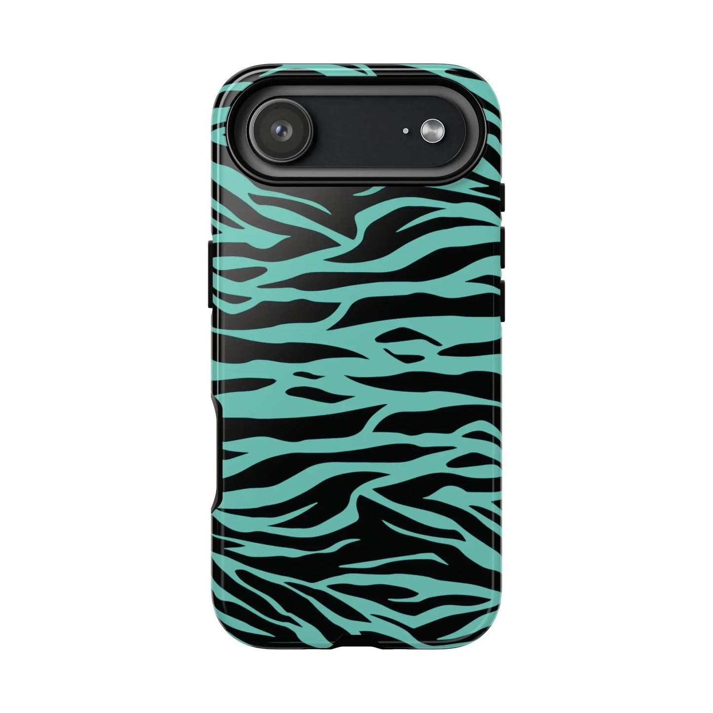 Back side of a teal and black zebra-striped phone case with a sleek protective design featuring a green wild tiger print pattern