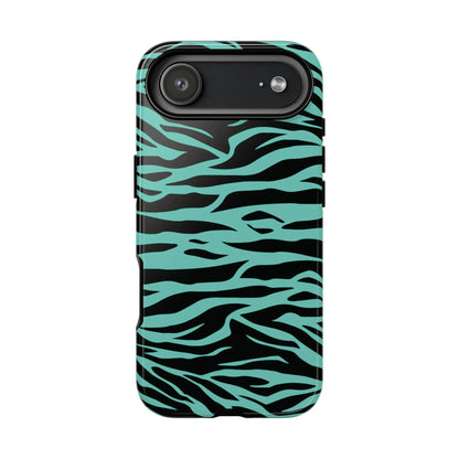 Back side of a teal and black zebra-striped phone case with a sleek protective design featuring a green wild tiger print pattern