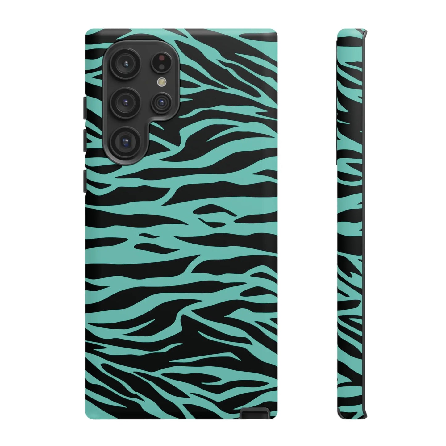 Teal and black zebra-print phone case for samsung galaxy s23 ultra featuring a wild tiger print pattern on the back