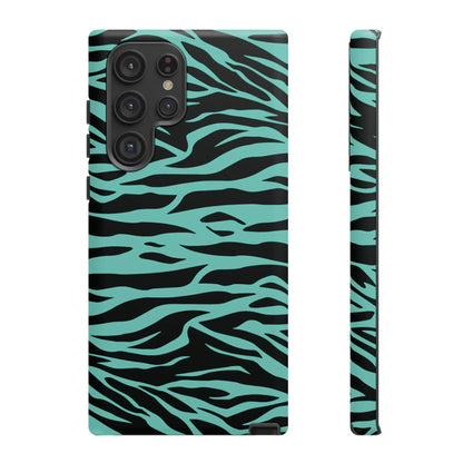 Teal and black zebra-print phone case for samsung galaxy s23 ultra featuring a wild tiger print pattern on the back