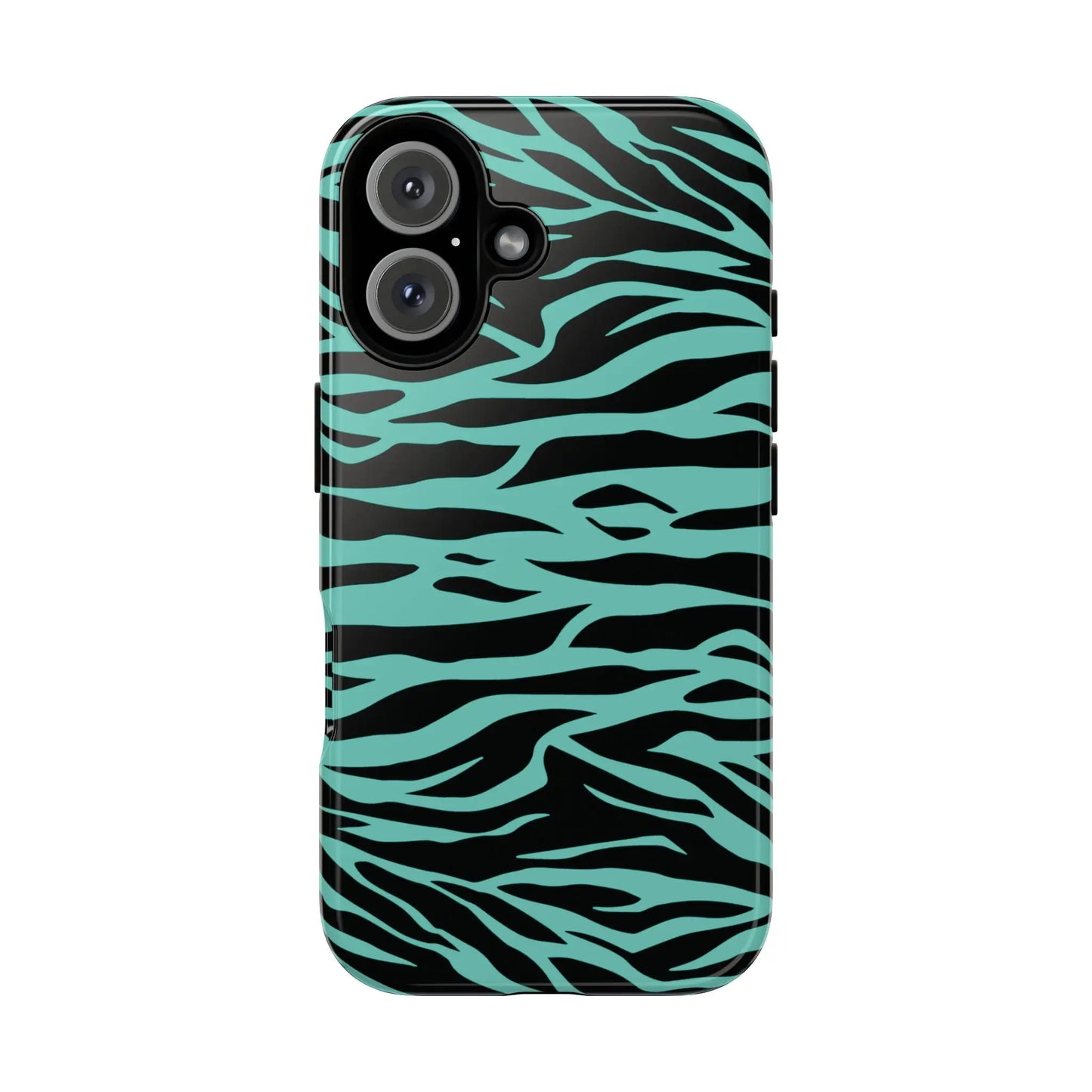 Sleek phone case with bold black and teal tiger print pattern and precise camera cutout for iphone back side