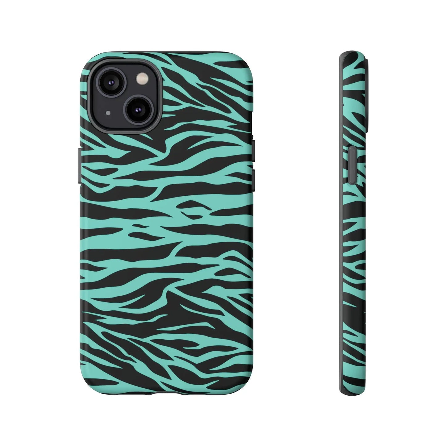 Backside of a teal and black zebra-print phone case featuring a green wild tiger print pattern for multiple phone models