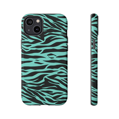 Backside of a teal and black zebra-print phone case featuring a green wild tiger print pattern for multiple phone models