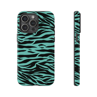 A sleek phone case with bold turquoise and black zebra stripes and a wild tiger print pattern for iPhone back view