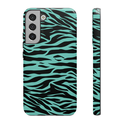 Back side of a sleek samsung galaxy s21 phone case with bold black and teal wild tiger print pattern design
