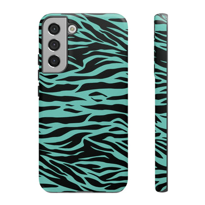 A sleek samsung galaxy s21 phone case with bold turquoise and black tiger print pattern on the back side