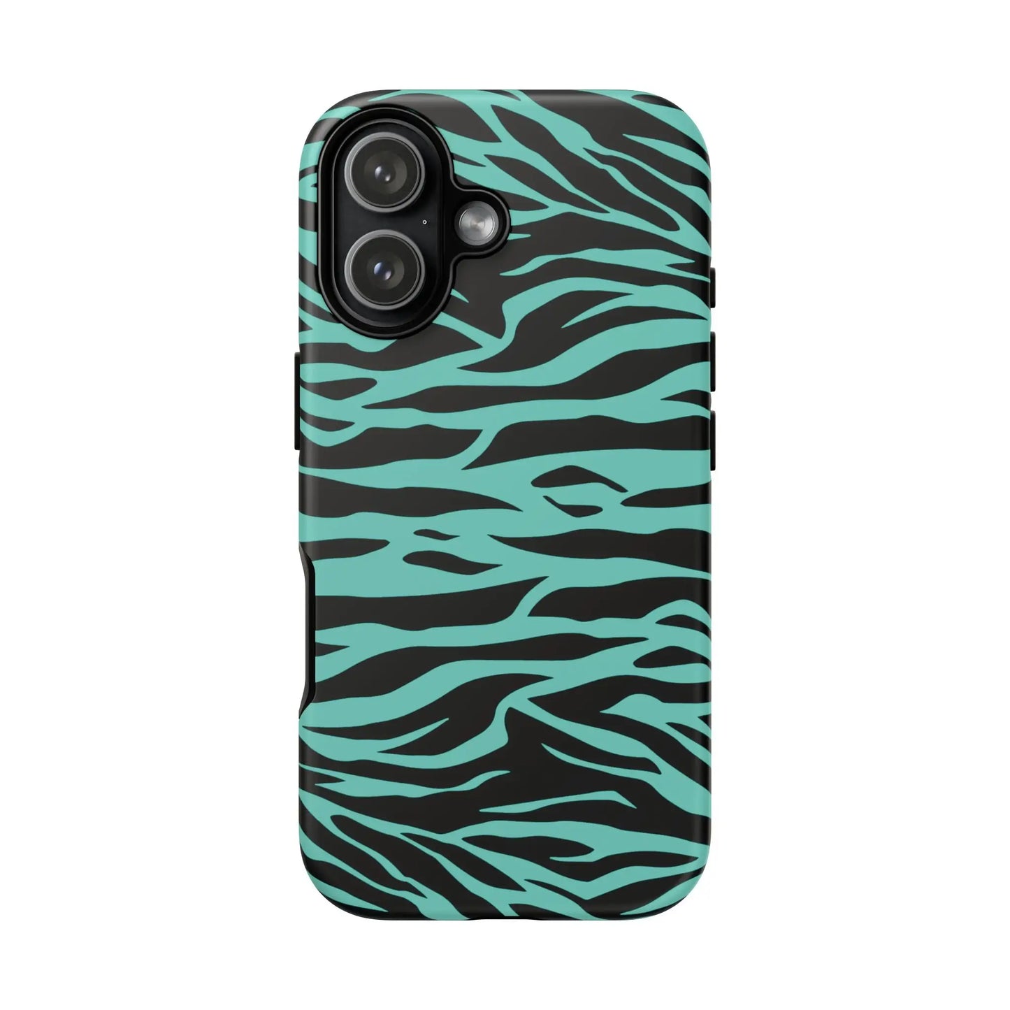 Back view of a sleek phone case with a bold black and teal wild tiger print pattern for iPhone Galaxy and Pixel phones