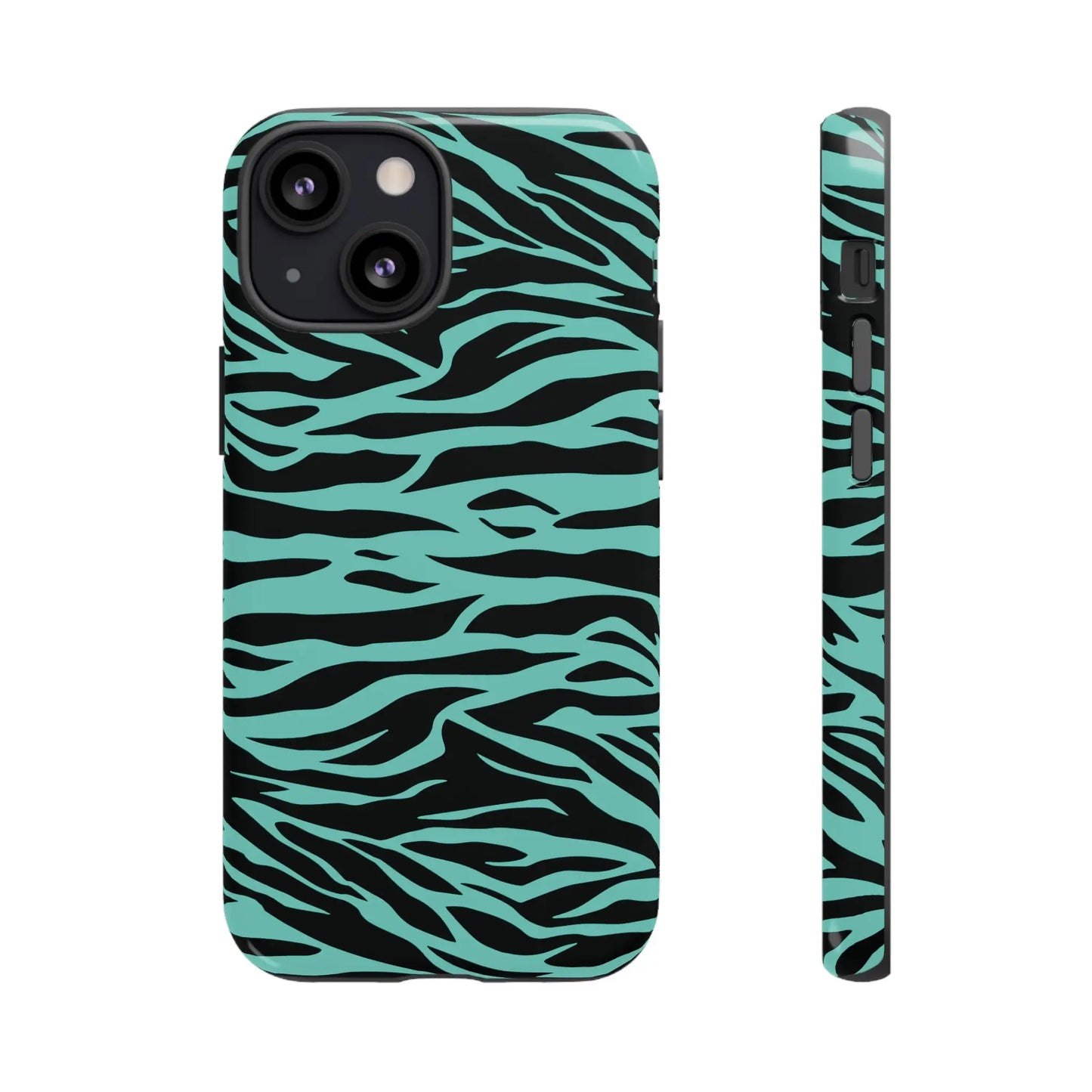 Teal and black zebra-striped phone case showing the back with a wild tiger print pattern for iphone galaxy and pixel phones