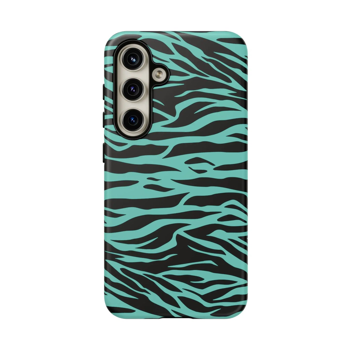 Back side of a sleek phone case with vibrant teal and black wild tiger print pattern for iphone galaxy and pixel phones