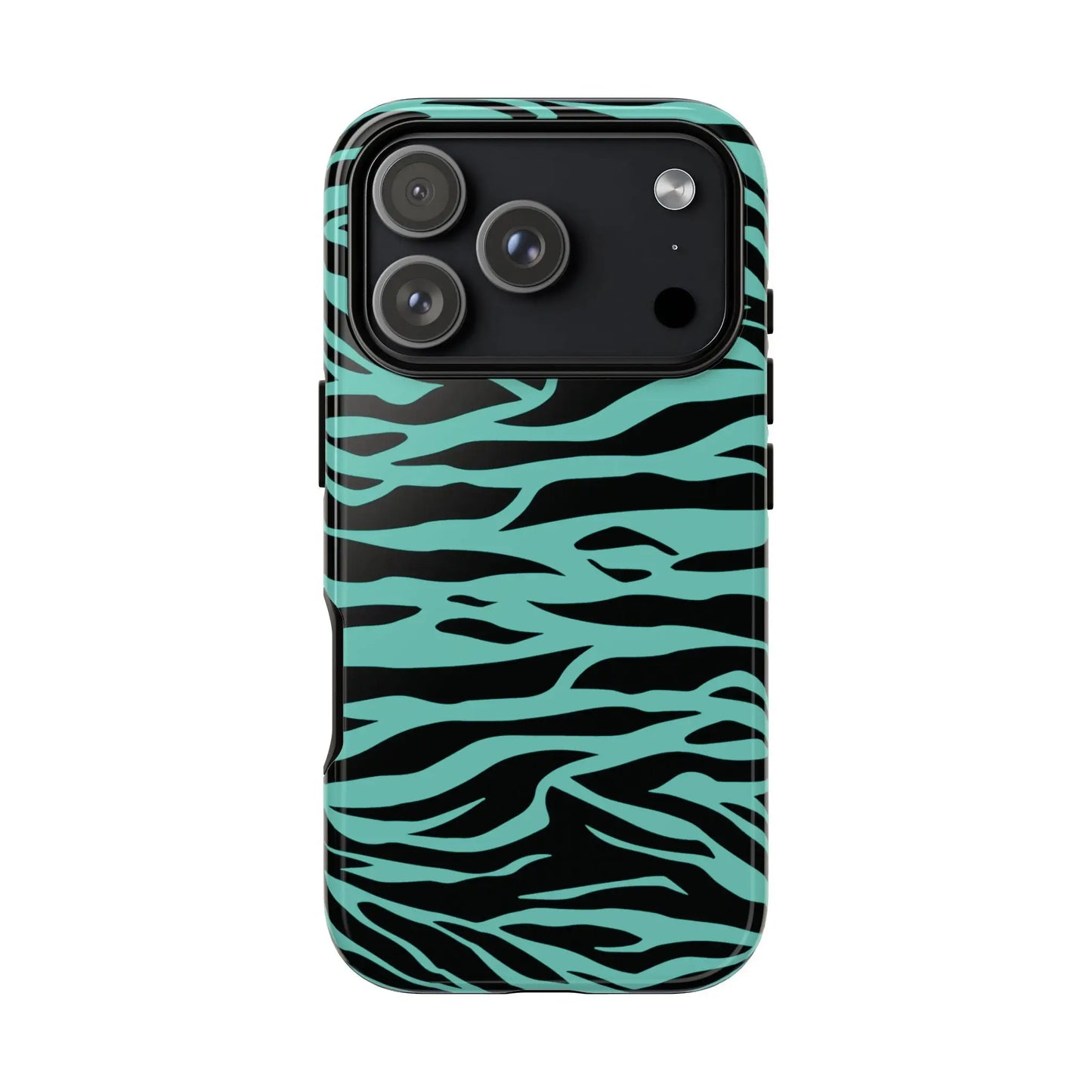 Sleek phone case with bold black and teal zebra stripe back featuring wild tiger print pattern for iphone triple camera