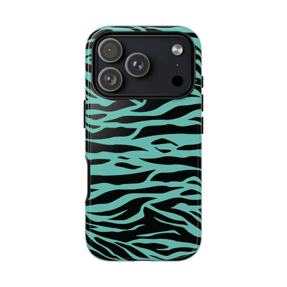 Sleek phone case with bold black and teal zebra stripe back featuring wild tiger print pattern for iphone triple camera