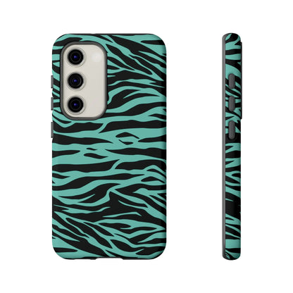 Back side of a teal and black zebra-striped phone case featuring a sleek protective design with a green wild tiger print pattern