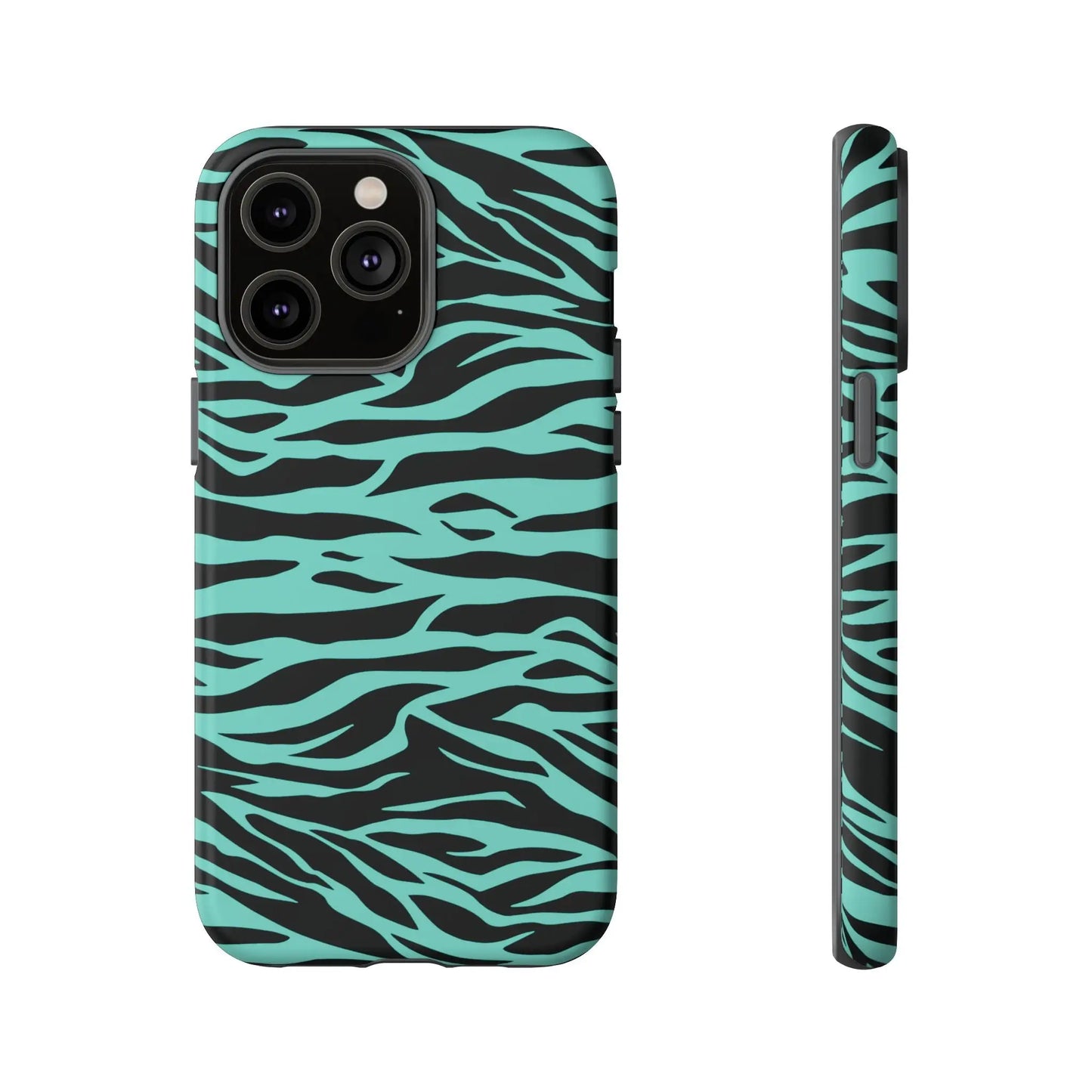 A sleek phone case with bold turquoise and black zebra stripe wild tiger print pattern, designed for iphone back protection